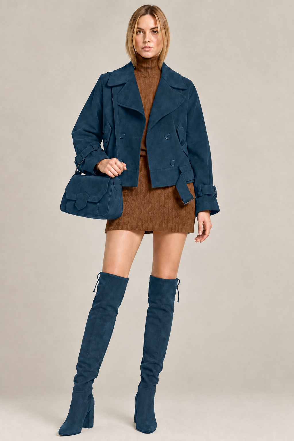 Women's peacock blue custom-made thigh-high boots with round toe and mid block heel- Top view